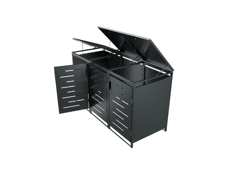 Juskys Metall-Mülltonnenbox Arel mit geöffneten Deckeln und einer Tür.