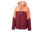 Zweifarbige Sportjacke in Orange und Bordeaux mit Kapuze und schwarzem Reißverschluss.