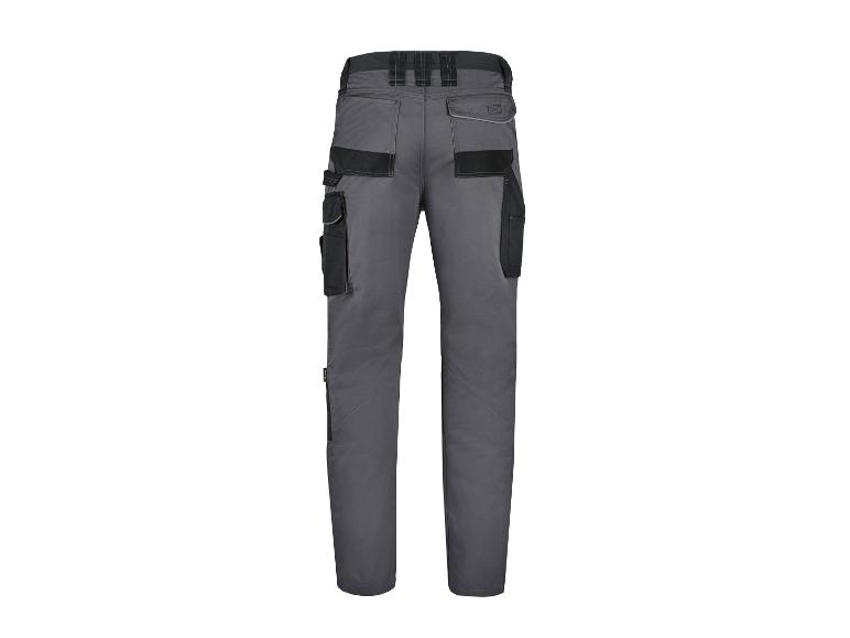 Herren-Arbeitshose in Grau mit schwarzen verstärkten Taschen, Rückansicht.
