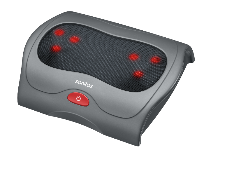 Graues Fußmassagegerät mit roten Massageköpfen und Power-Knopf.