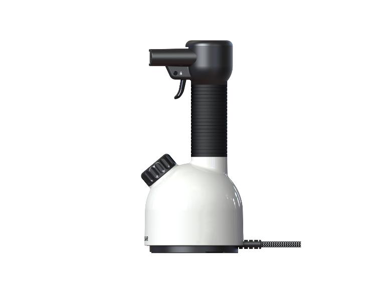 Weißer und schwarzer Handdampfglätter mit strukturiertem Griff und geflochtenem Kabel.