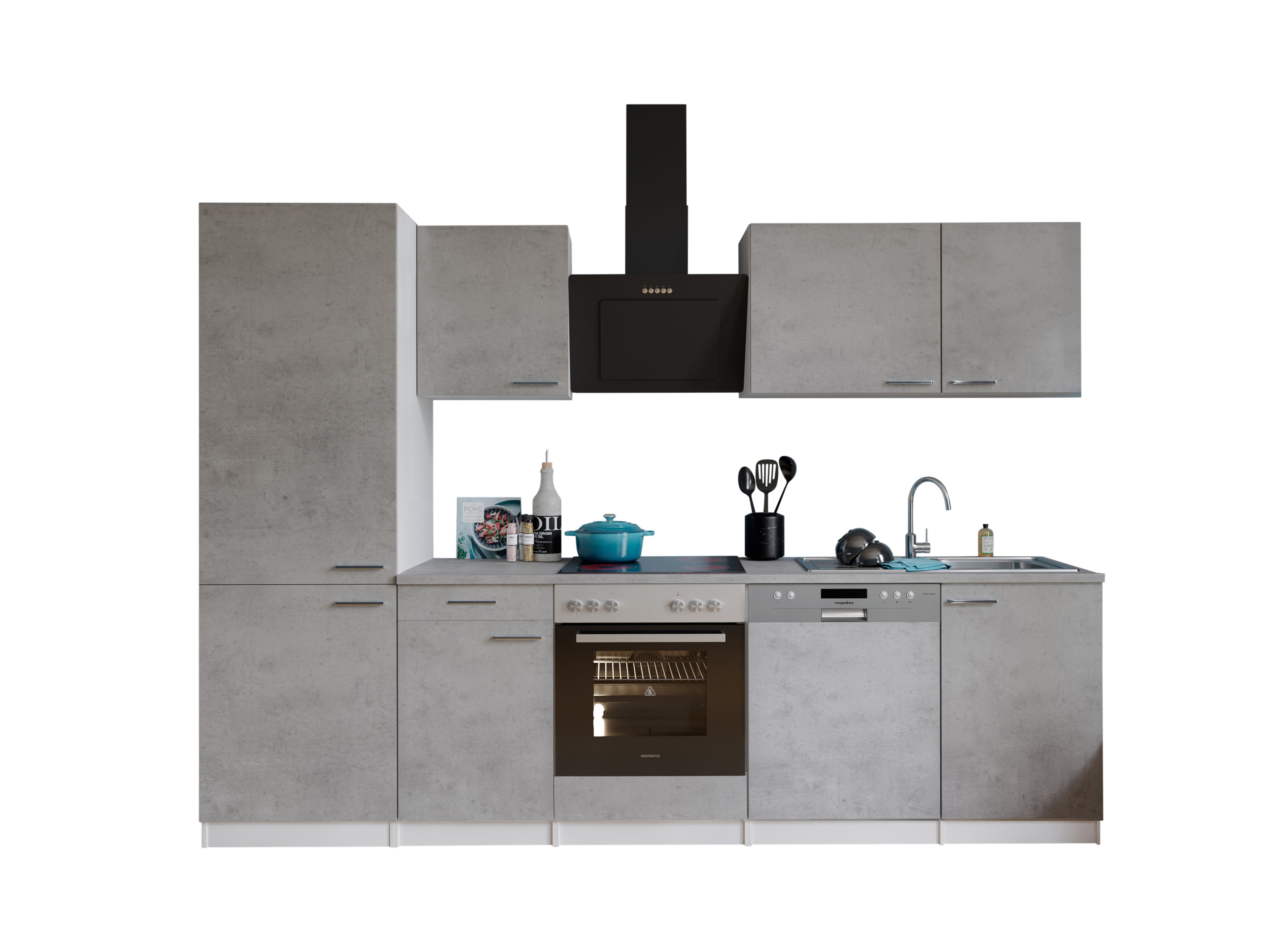 RESPEKTA Küche Malia (glaskerkochf., kühlkombi, gsp, Beton, 280 cm)""