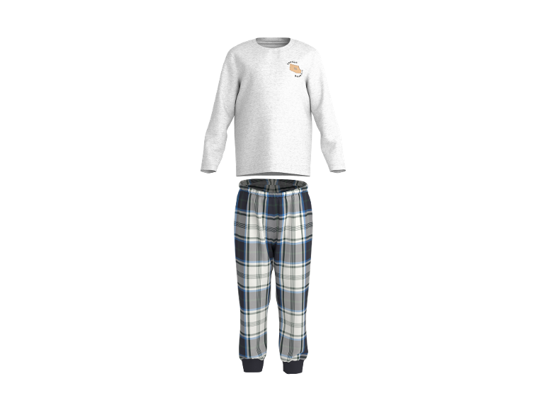 Herren-Pyjama aus hellgrauem Langarmshirt mit „Cookies for Breakfast“-Aufdruck und karierter Pyjamahose.