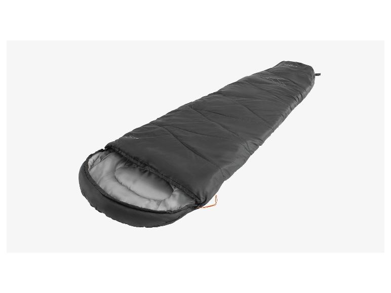 Ein grauer Schlafsack mit einem orangefarbenen Kordelzug.