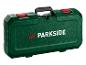 Grüner Parkside Werkzeugkoffer mit schwarzem Griff und roten Verschlüssen.