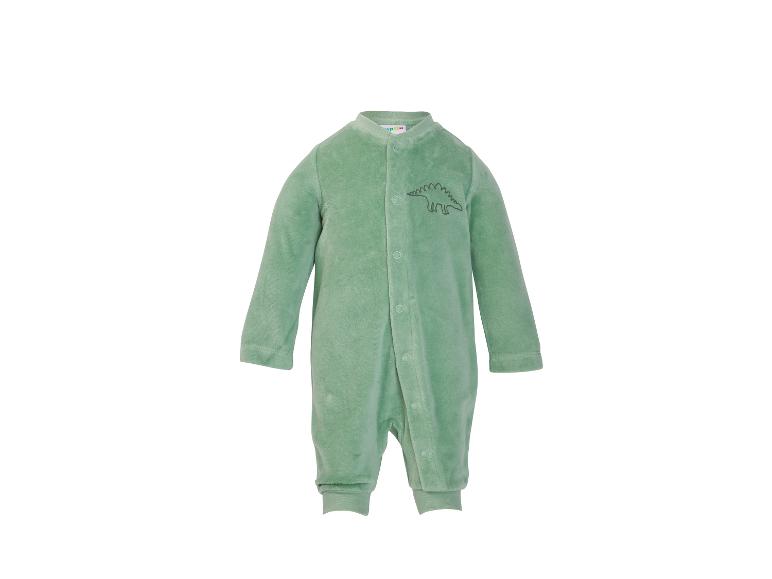 Grüner Baby-Strampler aus Samt mit Dinosaurier-Motiv und Knöpfen vorne