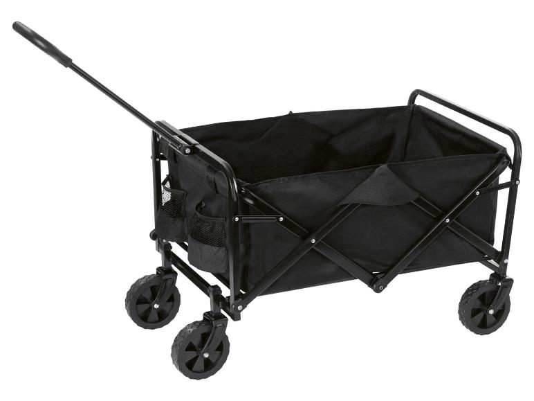 Schwarzer faltbarer Transportwagen mit Rädern und Seitentaschen.