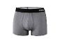 Graue Boxershorts mit schwarzem Gummibund und weißem Text.