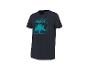 Marineblaues T-Shirt mit Palmenprint und türkisfarbenem Text „PALMS & OCEAN BREEZE“.