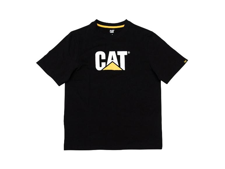 Schwarzes T-Shirt mit großem weißem Schriftzug und gelbem Dreieck auf der Vorderseite.