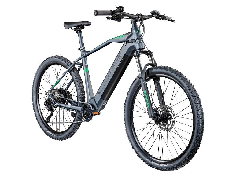 Graues elektrisches Mountainbike mit grünen Akzenten und schwarzen Reifen.