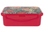 Rote Lunchbox mit Kaktus- und Blumenmuster.