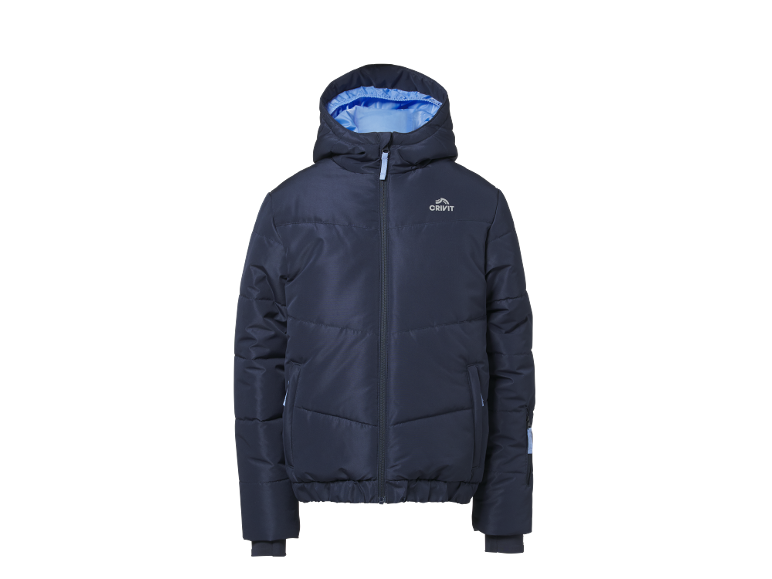 Dunkelblaue Steppjacke für Kinder mit Kapuze und blauem Innenfutter.