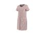 Damenkleid in Mauve mit weißem Punktmuster, kurzen Ärmeln und Rundhalsausschnitt.