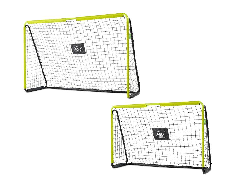 Zwei EXIT Toys Fußballtore mit schwarzen Netzen und lindgrünen Rahmen.