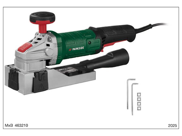 Ein grüner und grauer Elektrohobel mit Staubabsaugung und Inbusschlüsseln.