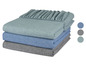 Drei Spannbettlaken in Grau, Blau und Mint.