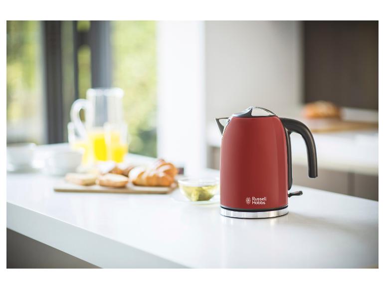 Ein roter Wasserkocher von Russell Hobbs auf einer Arbeitsplatte