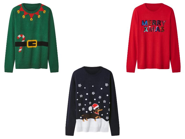 Drei Weihnachtspullover: ein grüner mit Elfengürtel, ein dunkelblauer mit Hund und ein roter mit „MERRY XMAS“.