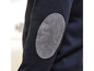 Ein dunkelblauer Pullover mit Leder-Ellbogenpatches.