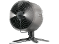 Silberner Ventilator mit beleuchteten Flügeln und dem Schriftzug FLEX BREEZE auf dem Sockel.