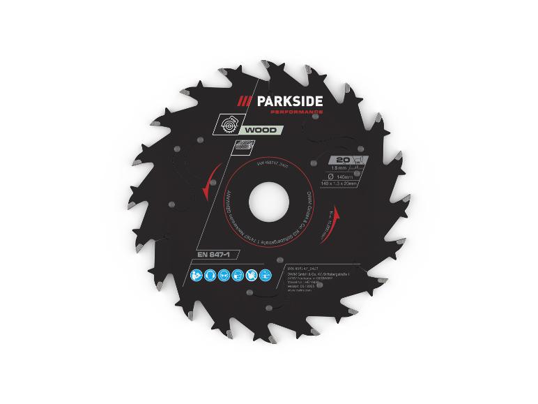 Ein Parkside Performance Kreissägeblatt für Holz, mit technischen Spezifikationen.