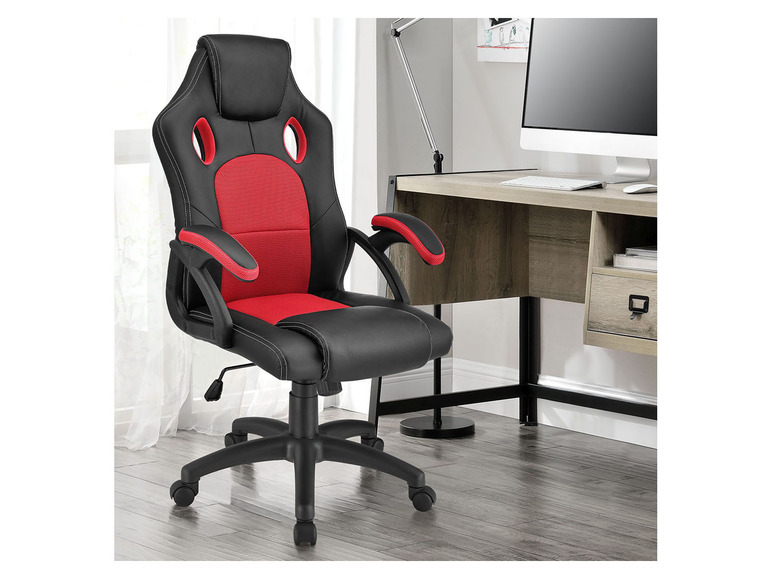 Ein schwarzer und roter Bürostuhl mit Armlehnen in einem Arbeitszimmer.