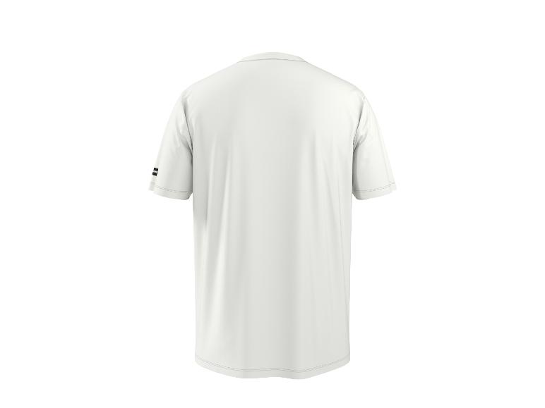 Weißes Kurzarm-T-Shirt mit kleinem schwarzem Detail am linken Ärmel, Rückansicht.