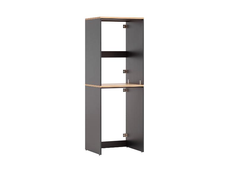 Modulares Hochschrank in Grau und Holzfarbe mit offenen Türen