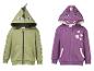 Zwei Kinder-Hoodies: ein grüner Dinosaurier-Hoodie und ein lila Einhorn-Hoodie.