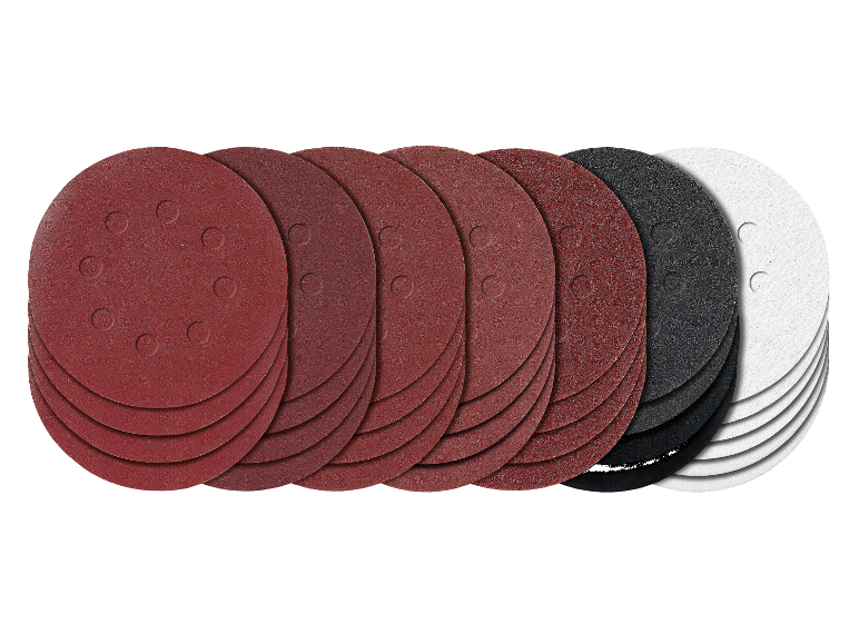 Sortiment Schleifscheiben in verschiedenen Körnungen und Farben.