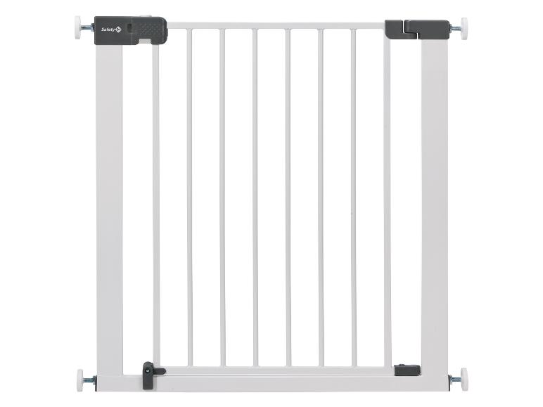 Weißes Baby-Schutzgitter mit grauen Akzenten und dem Safety 1st-Logo.