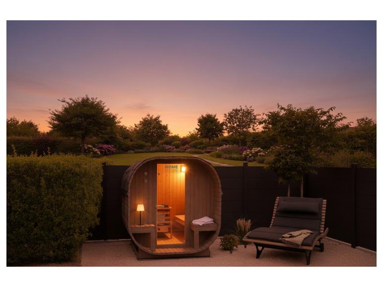 Holzfasssauna mit warmer Beleuchtung in einem Garten bei Sonnenuntergang.