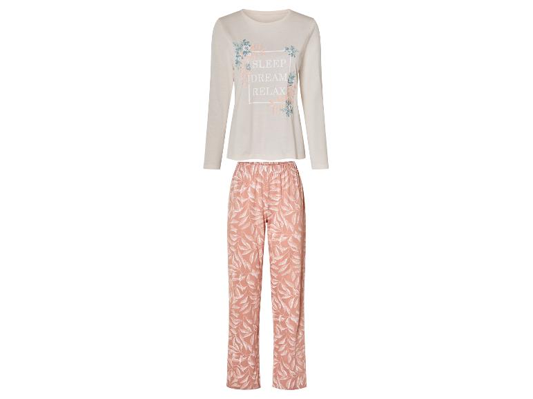 Damen-Pyjama mit Langarmshirt und rosafarbener Hose mit Blätterprint.