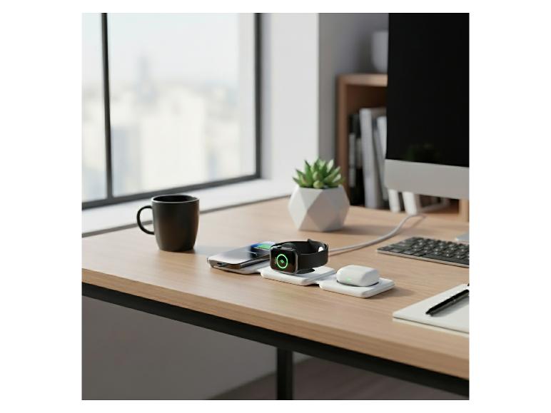 3-in-1 kabelloses Ladegerät mit Telefon, Smartwatch und Kopfhörern auf einem Schreibtisch.