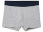 Graue Boxershorts mit blauem Bund.