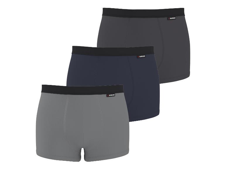 Drei Herren-Baumwollboxershorts in Dunkelgrau, Marineblau und Hellgrau.
