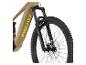 Khakifarbenes E-Mountainbike mit Federgabel und Vorderrad mit Scheibenbremse.