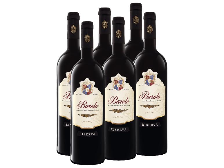 Sechs Flaschen Barolo Riserva Rotwein mit detaillierten Etiketten.
