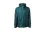 Dunkelgrüne leichte Regenjacke mit Kapuze und kontrastierenden Reißverschlüssen.