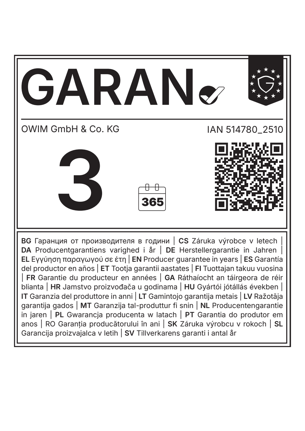 3 Jahre Garantie-Siegel mit IAN-Code 514780_2510 und QR-Code.