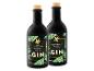 Zwei schwarze Flaschen Madagaskar Vanille Gewürz-Gin mit Etiketten mit grünen Blättern und gelben Blüten.