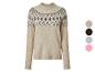 Beiger Strickpullover mit Fair Isle-Muster, mit Farbpalette daneben.