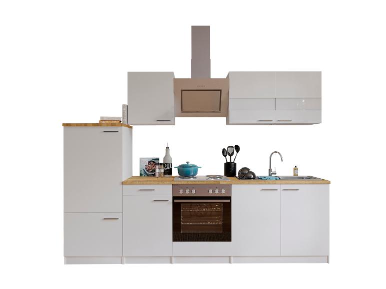 Weiße Modulküche mit Holz-Arbeitsplatte, Dunstabzugshaube, Backofen und Spüle.