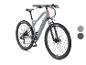 Graues E-Mountainbike mit schwarzen Reifen und Komponenten, schräg dargestellt.
