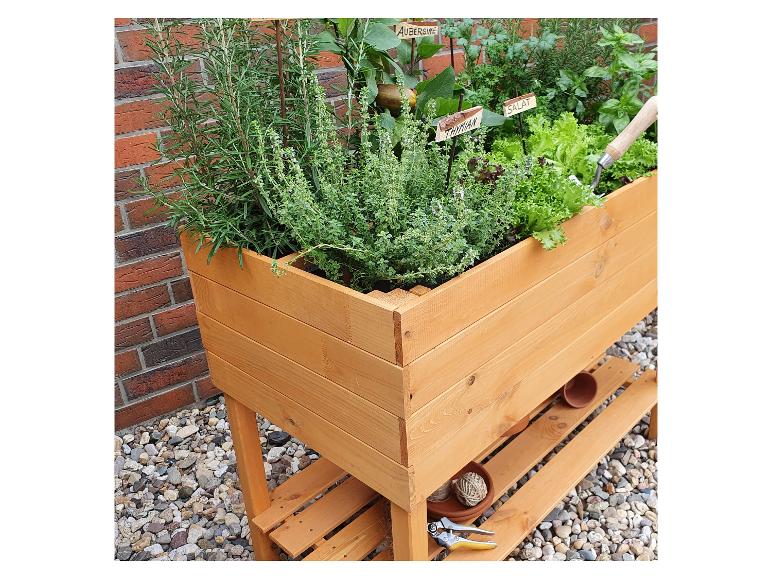 Kräuter, Salat und Auberginen in einem Holz-Hochbeet angebaut.