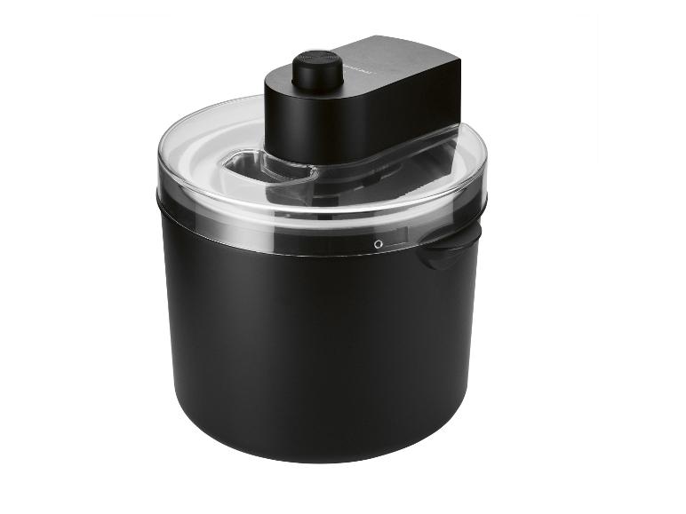 Schwarze Eismaschine mit transparentem Deckel und schwarzem Motor.