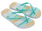 Damen-Flip-Flops mit weißen, türkisen und orangefarbenen Streifen, mit türkisen Riemen.