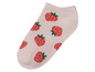 Eine rosa Socke mit Erdbeer-Muster.