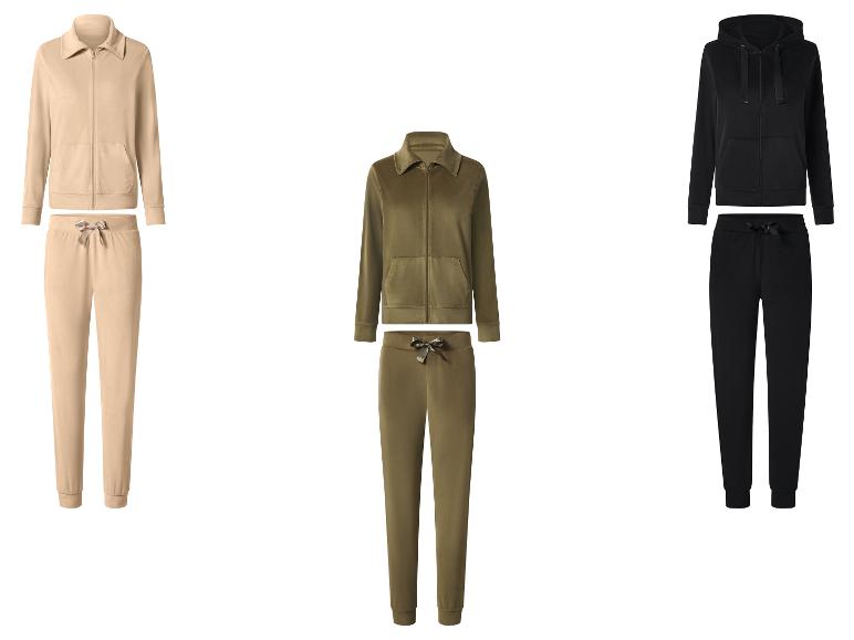 Drei Velours-Trainingsanzüge: beige, olivgrün und schwarz.